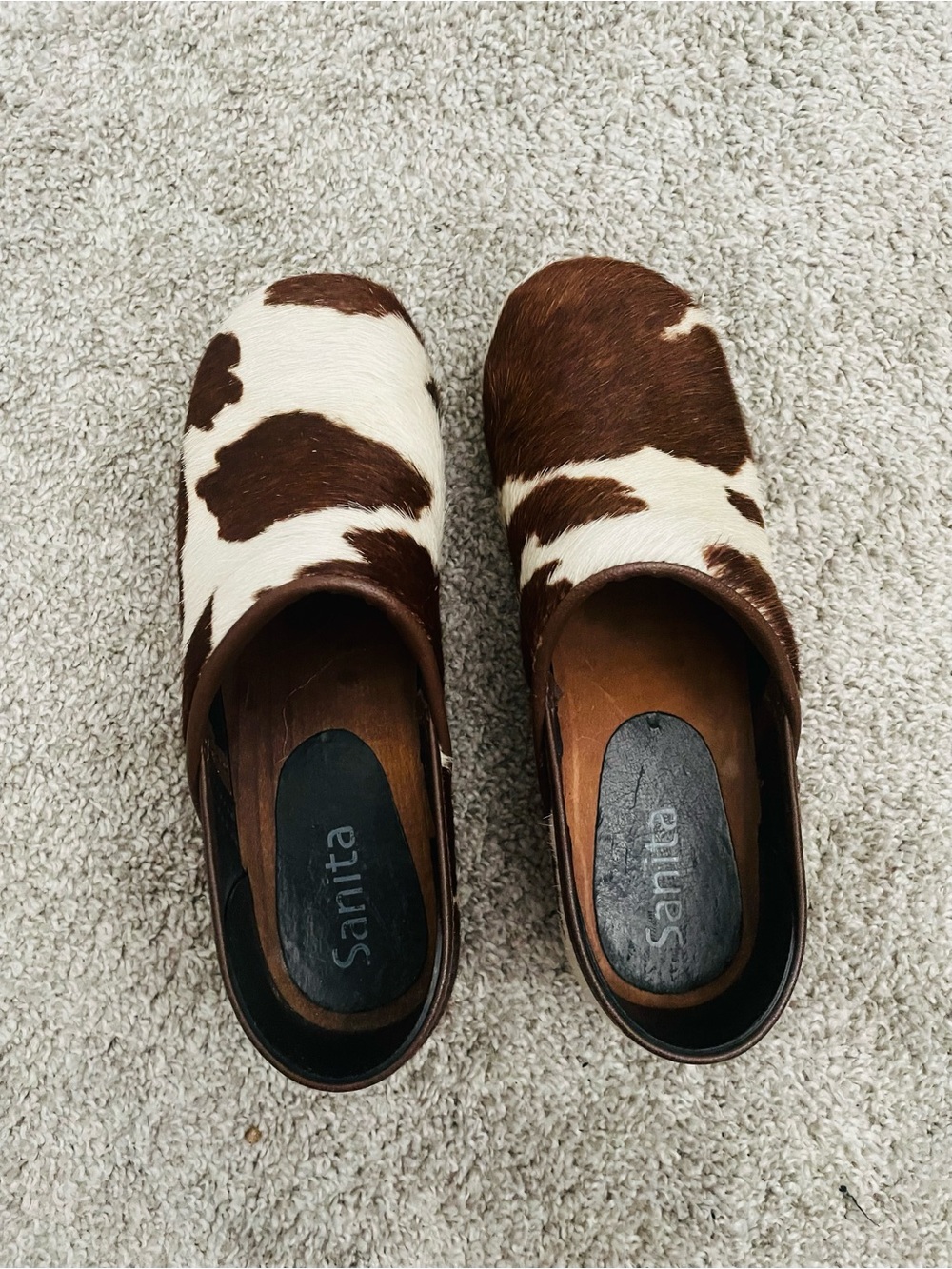 Sanita Brown and White Cowhide Slip-On Clogs